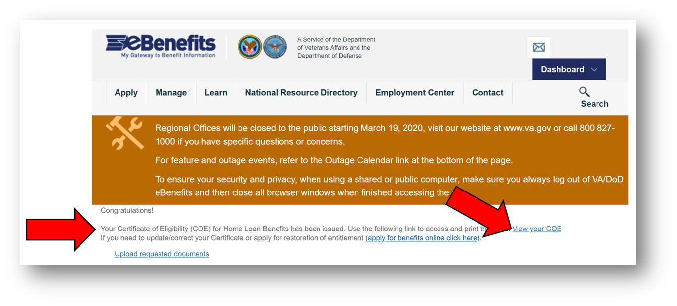 Click the "View Your VA COE" 
